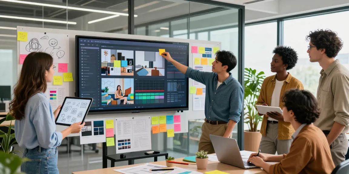 Team collaborating on a digital mixboard in a modern office environment, showcasing creativity.