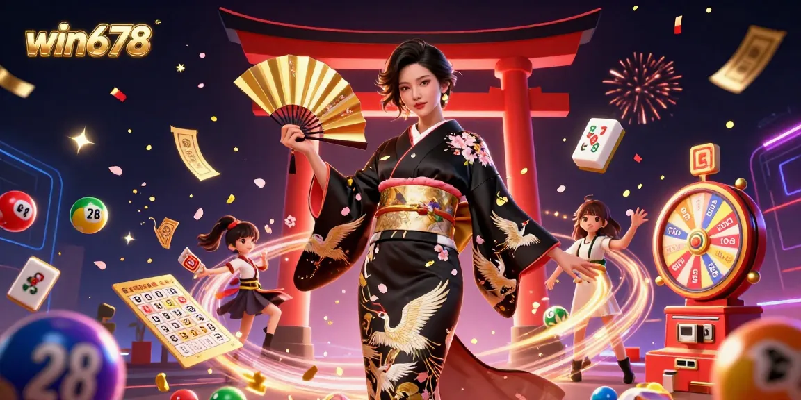 Experience the excitement of win678 with vibrant lottery balls, celebratory confetti, and an elegant character.