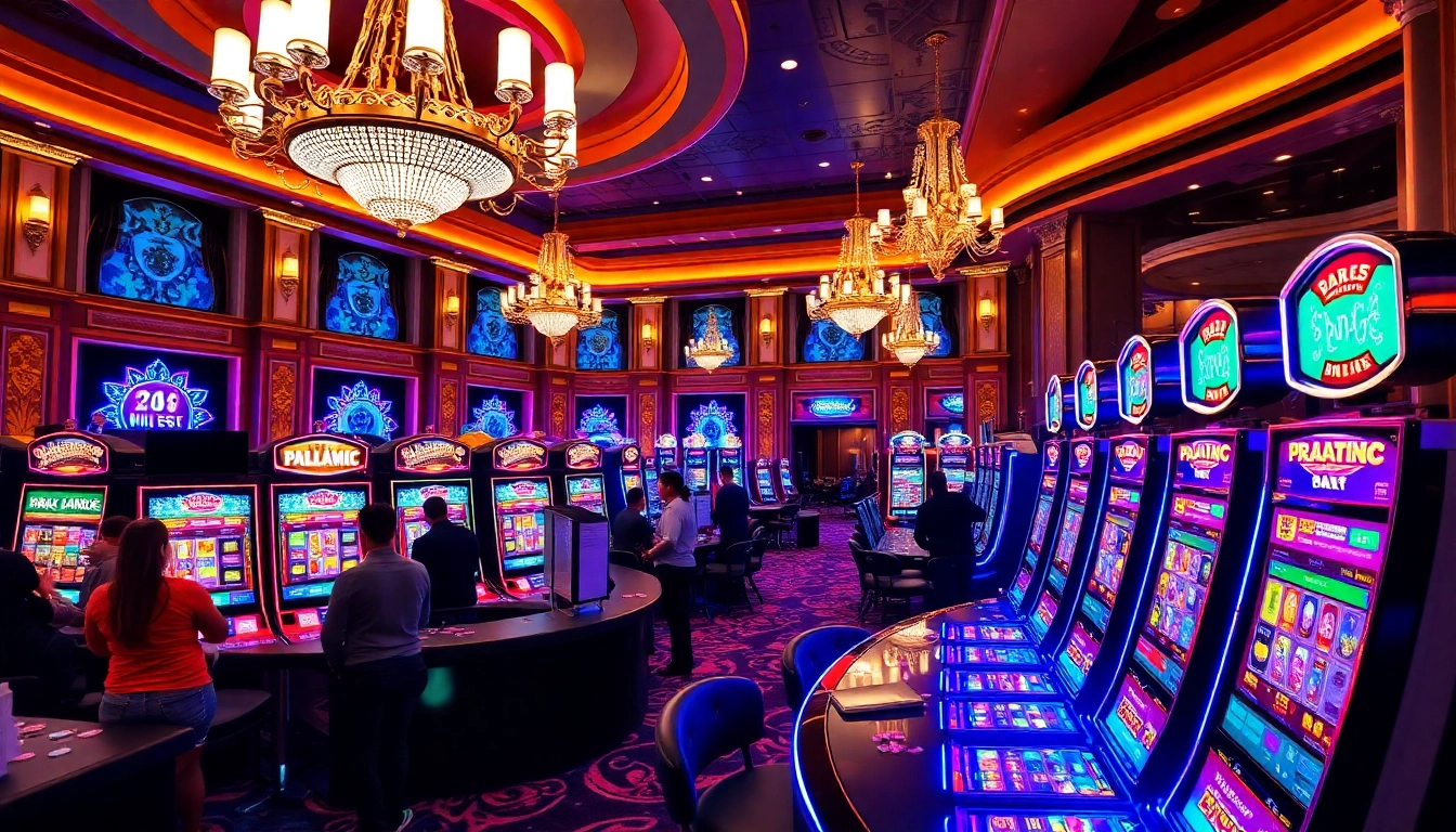 Exciting gamblers playing slot pragmatic machines in a luxurious casino environment.