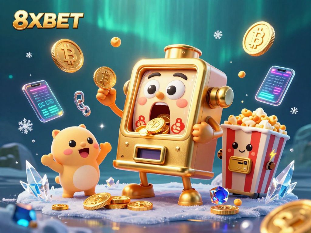 8XBET showcases a lively cartoon slot machine hitting the jackpot amid vibrant casino elements.