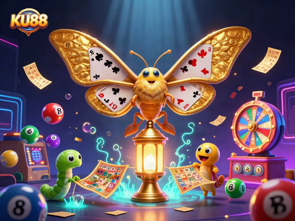 KU88 captivates with a vibrant, dynamic illustration of casino excitement and colorful gambling elements.