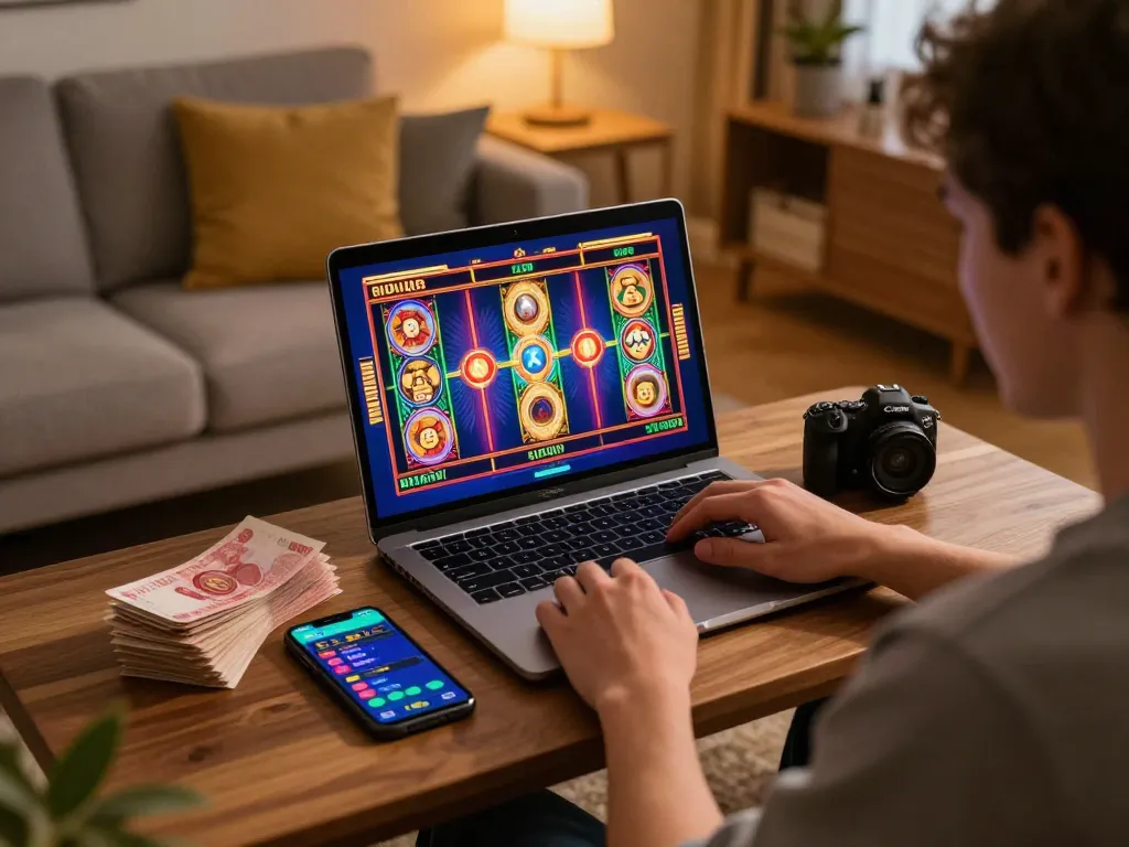 Engaged in an exciting slot game on 92slot from a cozy home setup with warm lighting.
