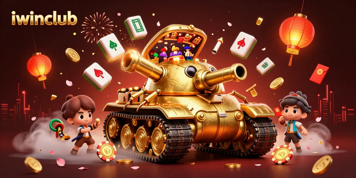 Experience iwinclub's vibrant casino scene in 3D, complete with golden beetle tank and floating mahjong tiles.