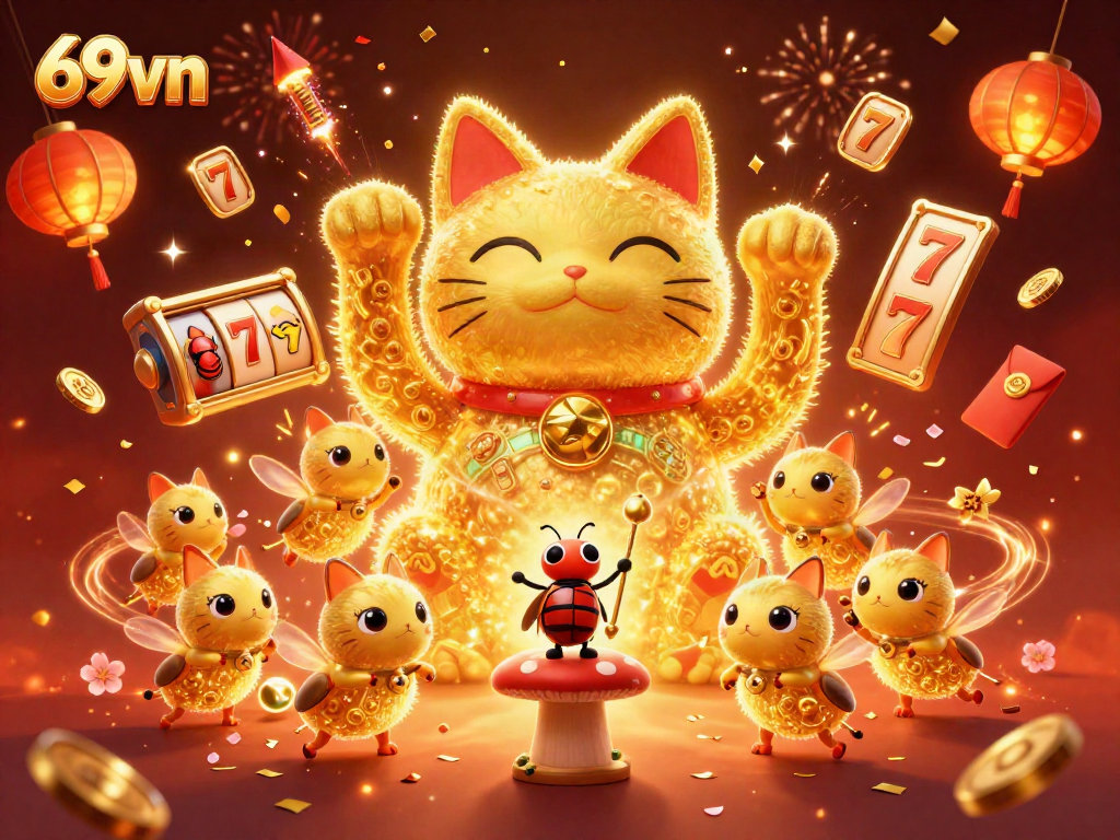 Experience gaming fun with 69vn's vibrant illustration featuring a lucky cat and casino symbols.