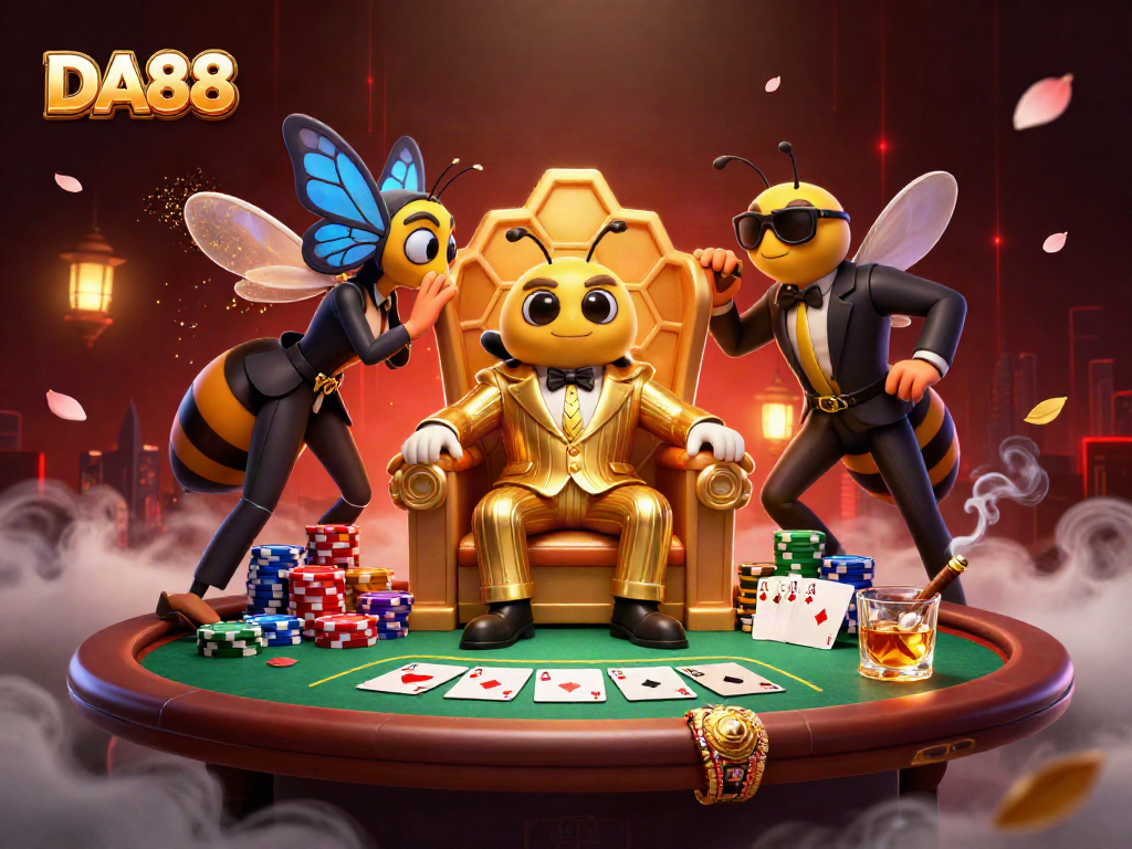 Engage with the DA88 poker scene showcasing the bumblebee mob boss and his entourage in a vibrant casino.