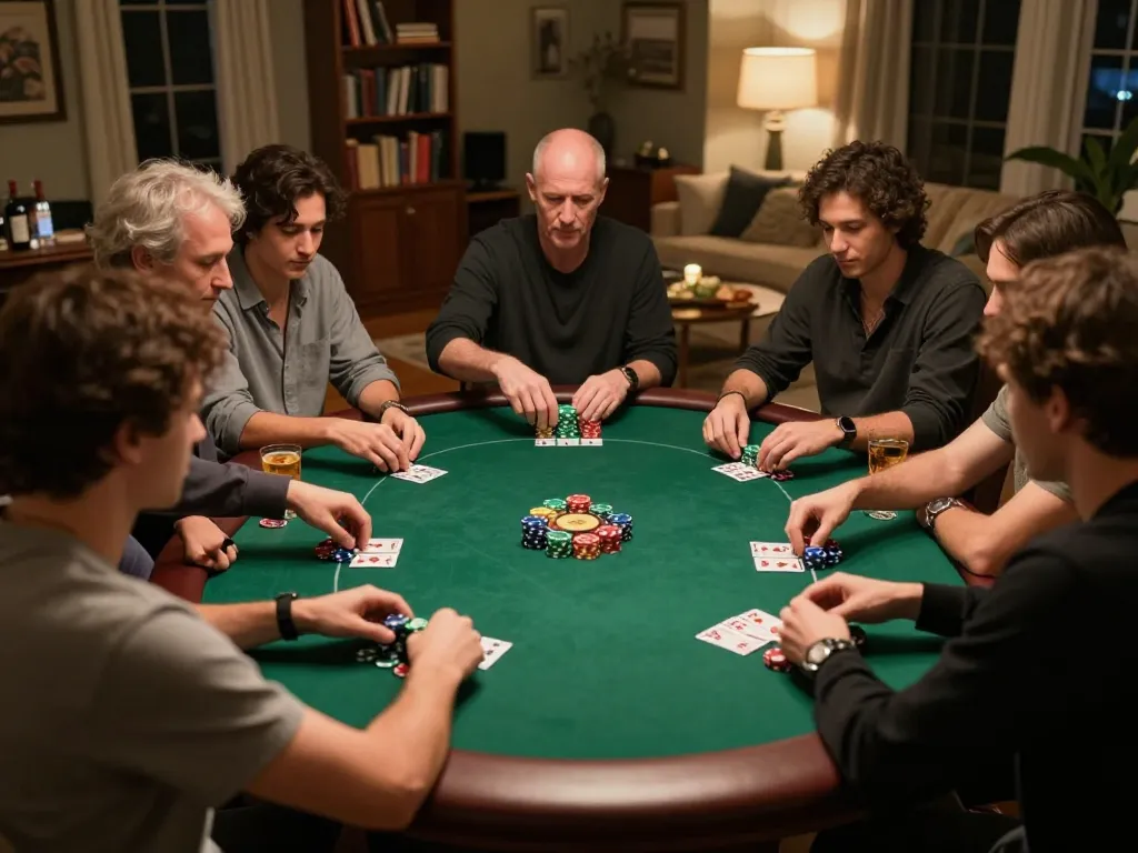 Engaged players at home poker night strategizing with chips, showcasing casino senza licenza adm gaming.