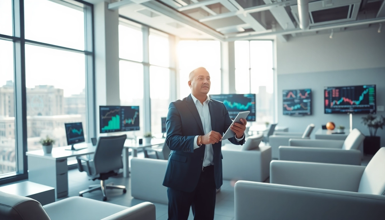 Engaged professional with computer monitors analyzing long term stock trading In Saudi Arabia performance.
