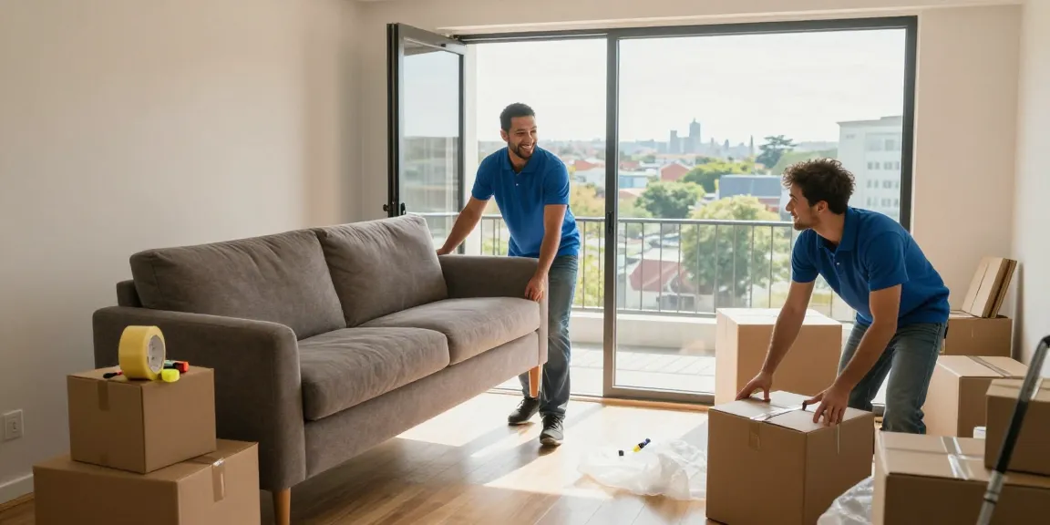 Moving help in St. George, Utah: professional movers assisting with a couch and packing materials in a bright apartment.