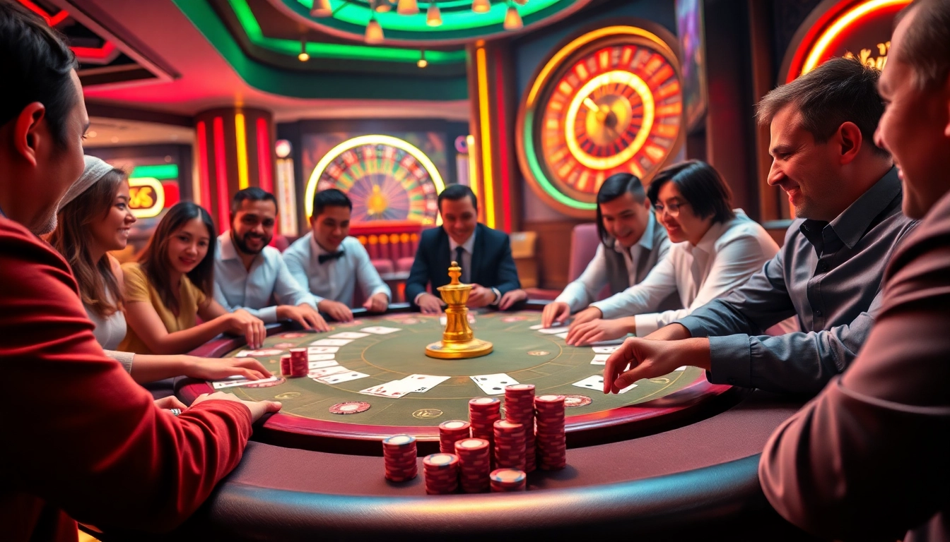 An electrifying poker game at U888 casino with elegant players and vibrant stakes.