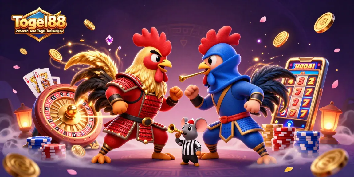 Togel88 Pasaran Toto Togel Terlengkap showcases a dramatic battle between fighting roosters amid cascading coins and vibrant casino elements.