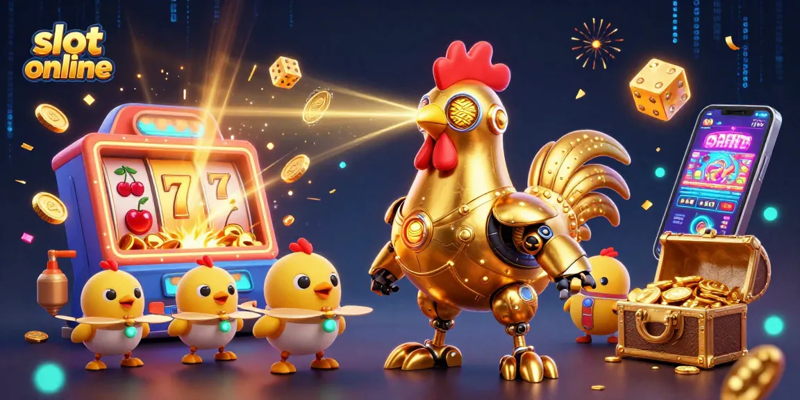 Experience thrilling wins with slot online games featuring a dynamic golden rooster robot and joyful chick drones.