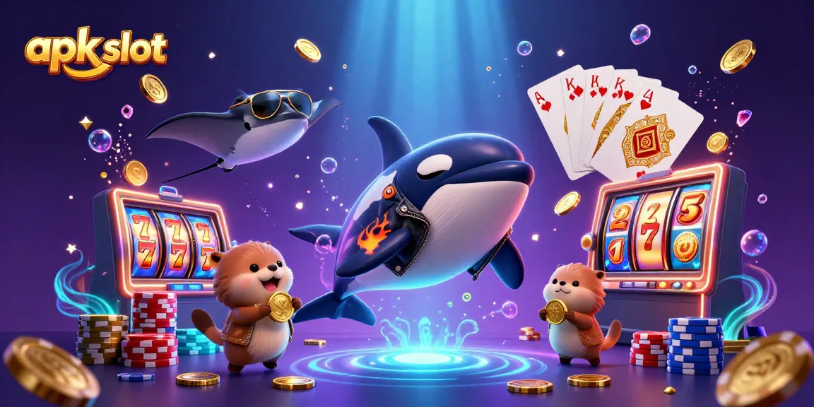Menggali keuntungan apk slot dalam ilustrasi 3D, dengan ikan paus, ikan pari, dan berang-berang bersama koin emas.