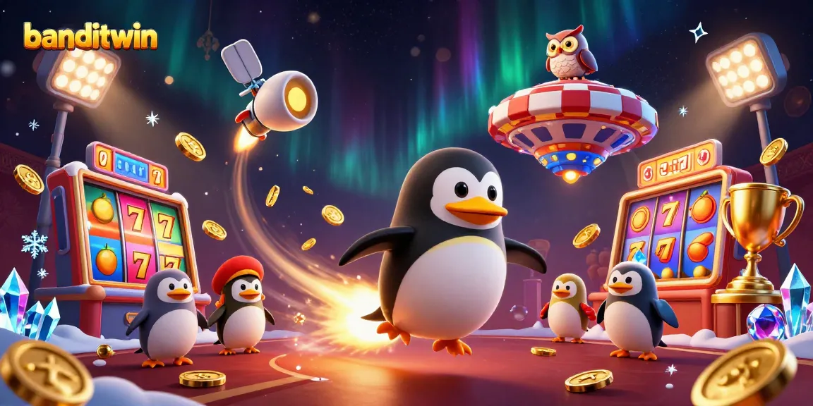 Permainan slot di banditwin menampilkan penguin emas meluncur ke luar angkasa dikelilingi koin.