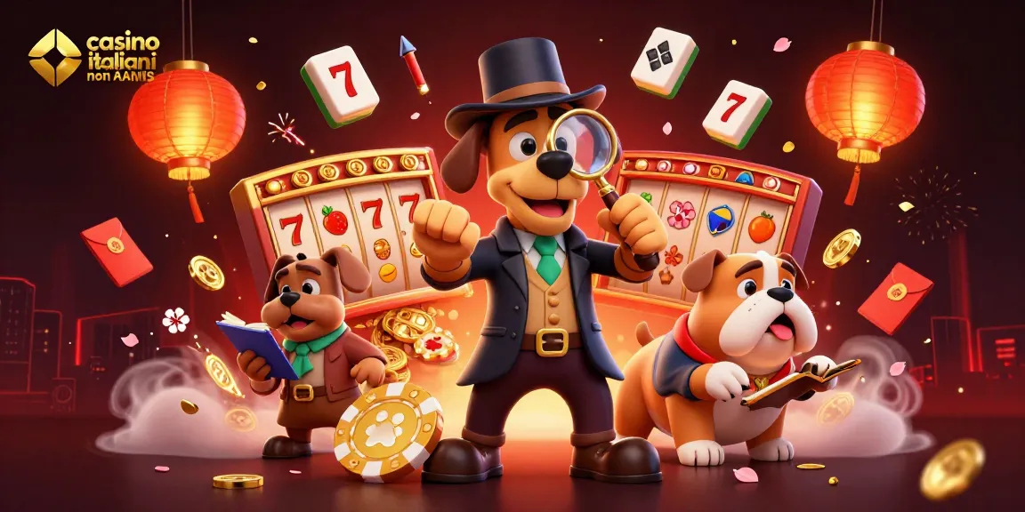 Interagisci con i casino italiani non AAMS mentre un detective scopre tesori nascosti attorno a simboli di gioco vibranti.