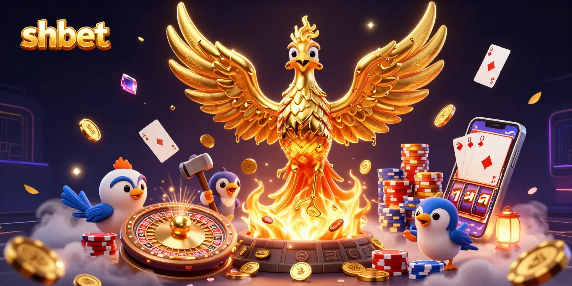 Experience shbet's thrilling online casino with golden phoenix, coins, and vibrant gaming elements.