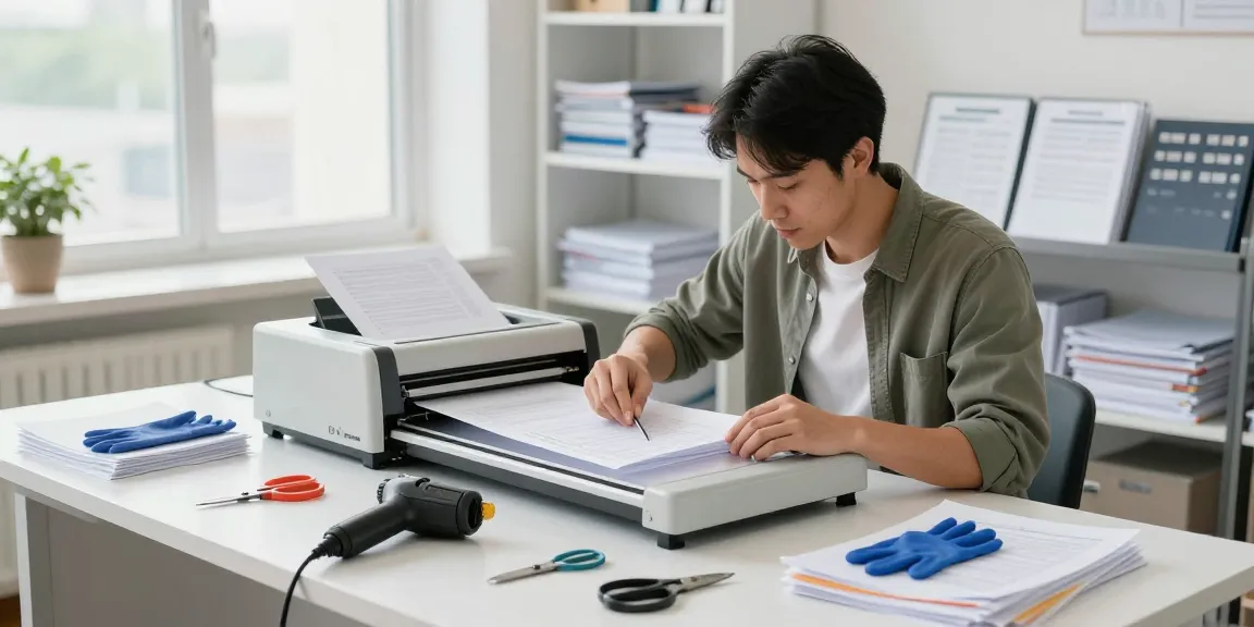 Quy trình phục hồi bóc lớp ép plastic hà nội với kỹ thuật viên loại bỏ tài liệu một cách an toàn trong một văn phòng sáng sủa.