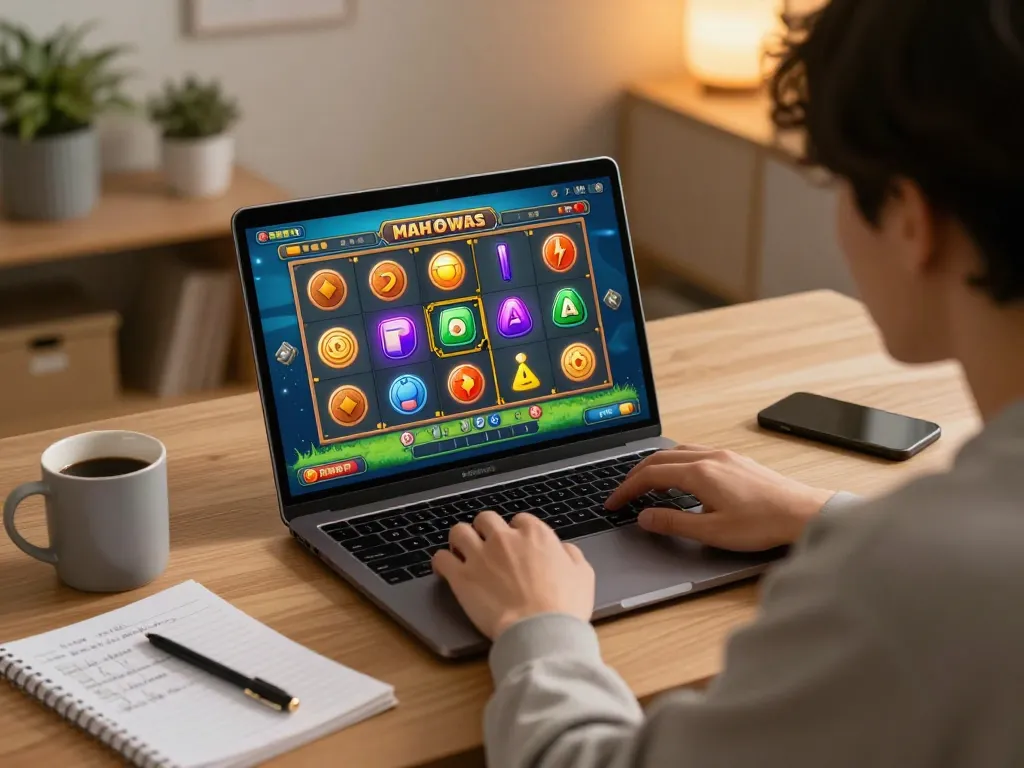 Player enjoying Mahjong Ways slot game on laptop at home, showcasing the excitement and strategy of online gambling