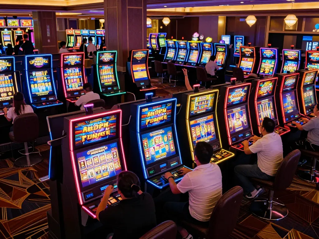 Excited players celebrating wins at slot machines showcasing the thrill of slot gacor gampang menang.
