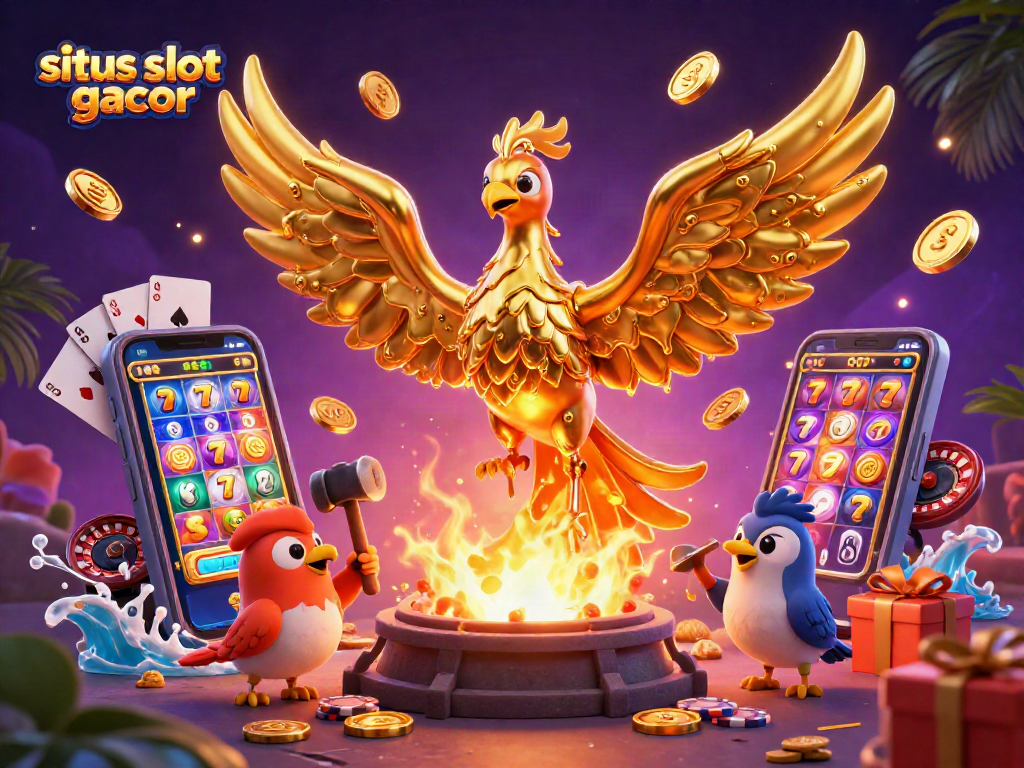 Situs slot gacor: ilustrasi 3D menampilkan phoenix emas menarik perhatian dengan elemen judi yang kaya.