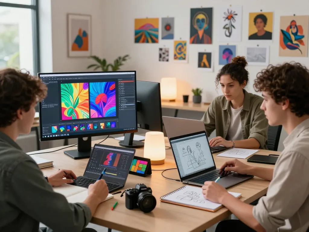 Collaborators using nano banana pro for creative AI image editing in modern studio
