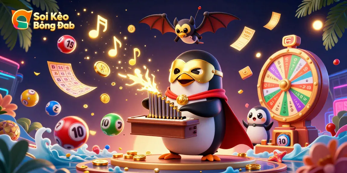Soi Kèo Bóng Đá showcases a vivid scene with a phantom penguin, golden coins, and dynamic lottery elements.