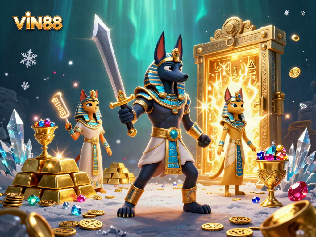VIN88 players immerse in a dynamic casino adventure with Anubis and Bastet, surrounded by treasures.