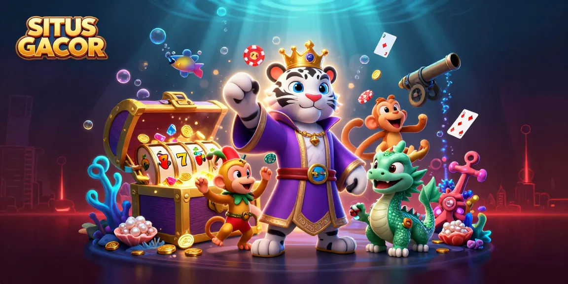 SITUS GACOR showcases lively gambling scene with a regal tiger, playful monkey, and jade dragon amidst vibrant casino elements.