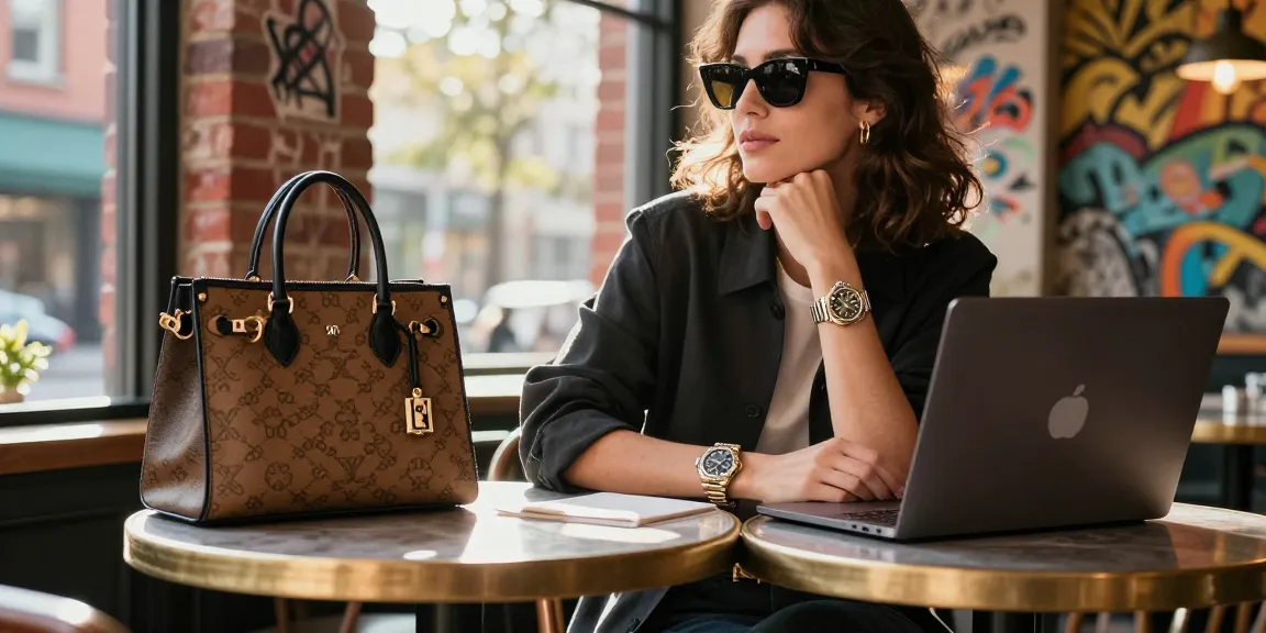 Chic individual displaying a rolex replica at a trendy café, showcasing luxury and style in an urban setting.