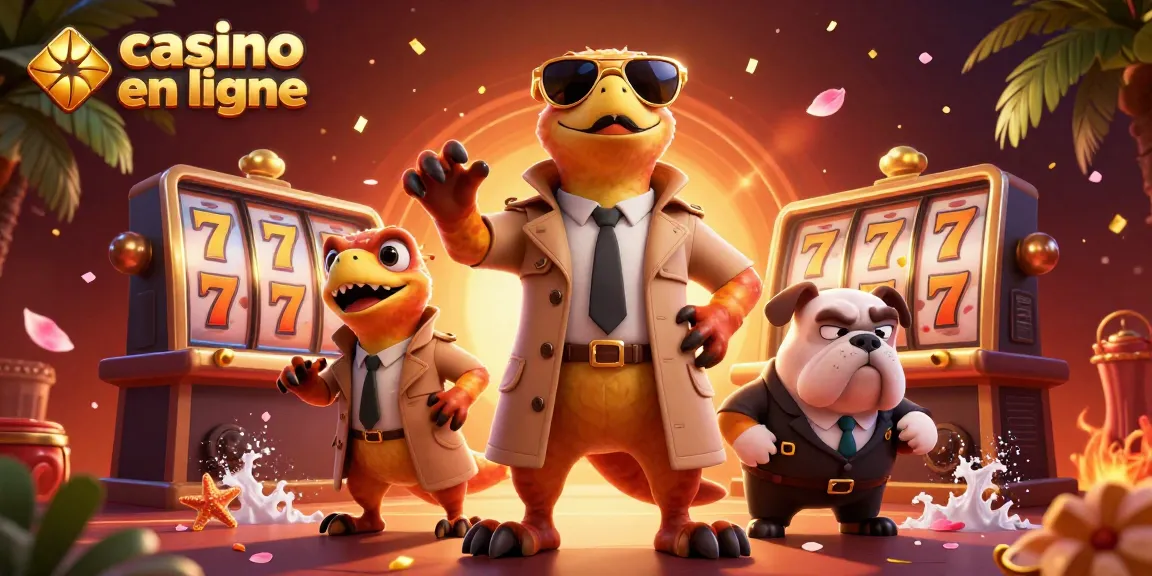 Trois raptors en trench coat cachent leur identité pour accéder à un casino en ligne, dans une scène dynamique.