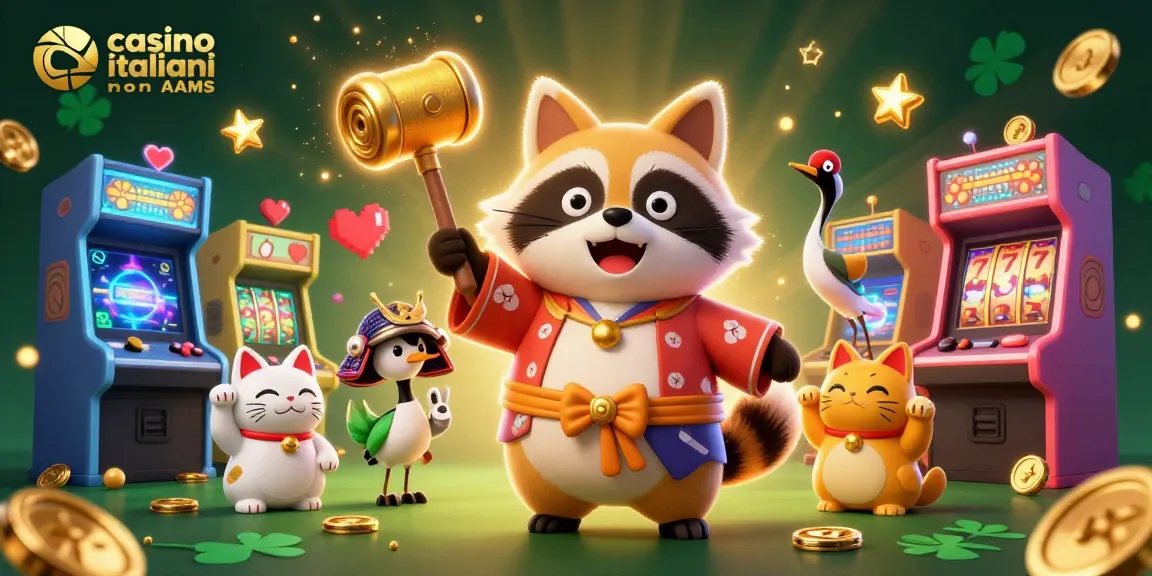 Interagisci con i casino italiani non AAMS caratterizzati da un allegro tanuki, una gru e elementi di gioco vivaci in una scena dinamica 3D.