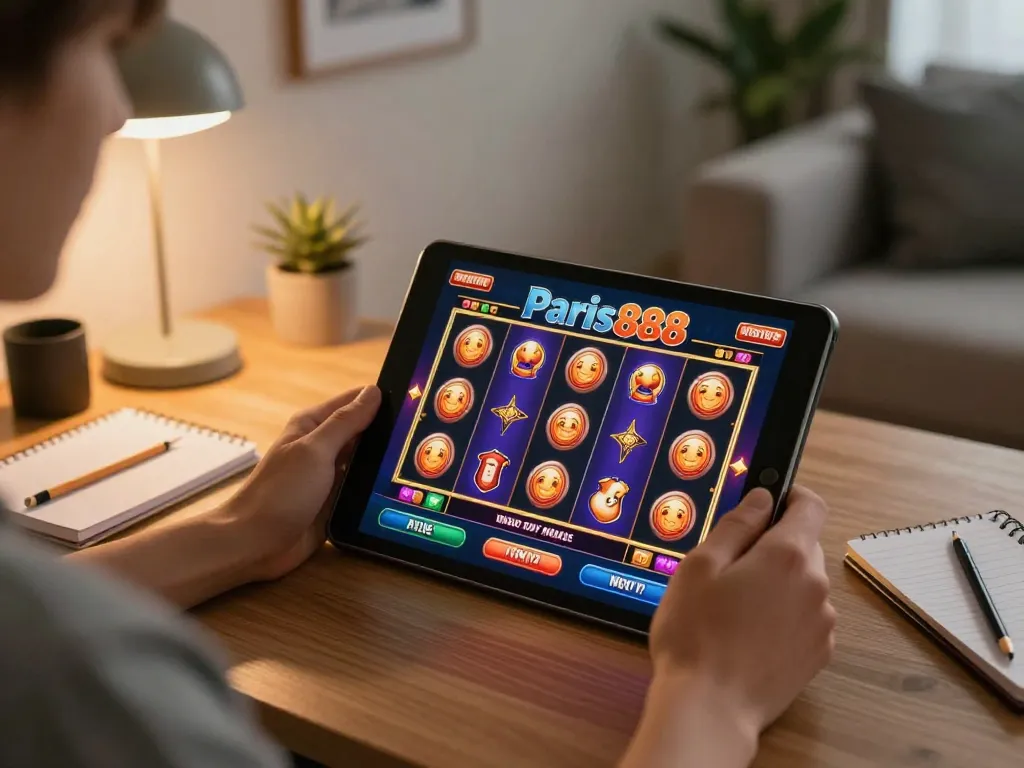 Engaging moment at paris888 online casino with vibrant slot game on tablet.