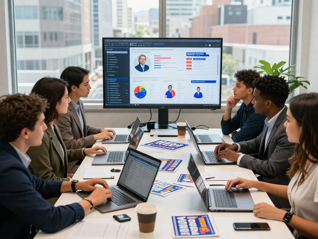 Donor email outreach strategy session for political campaigns with diverse team discussing data insights in a modern office.