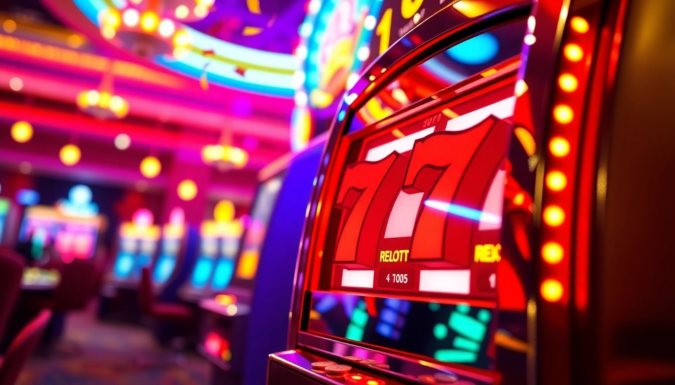 Slot 777 mesin judi yang bersinar dengan koin dan pesta confetti yang berlangsung.