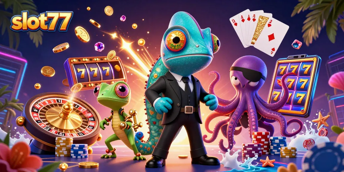 Spin big wins with slot77 in a vibrant casino scene featuring action-packed characters and gaming elements.