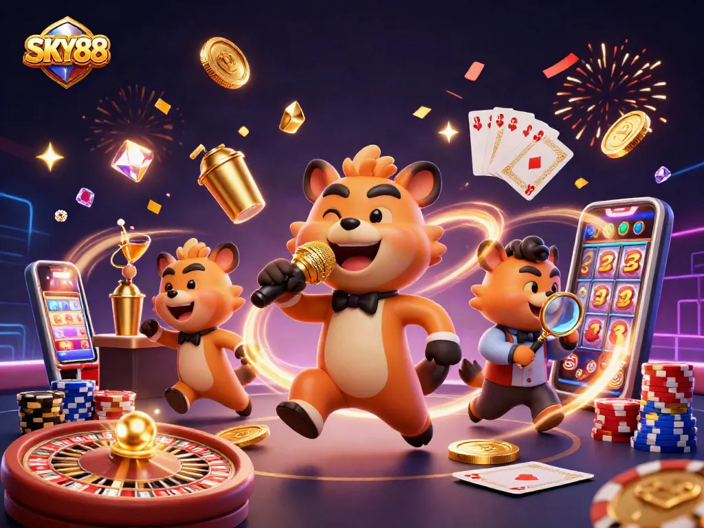Join the fun at SKY88's comedy casino with lively hyenas, gleaming gems, and golden coins!
