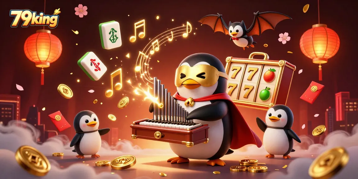 79king showcases a vibrant casino scene with a penguin playing organ, lucky symbols, and golden elements swirling around.
