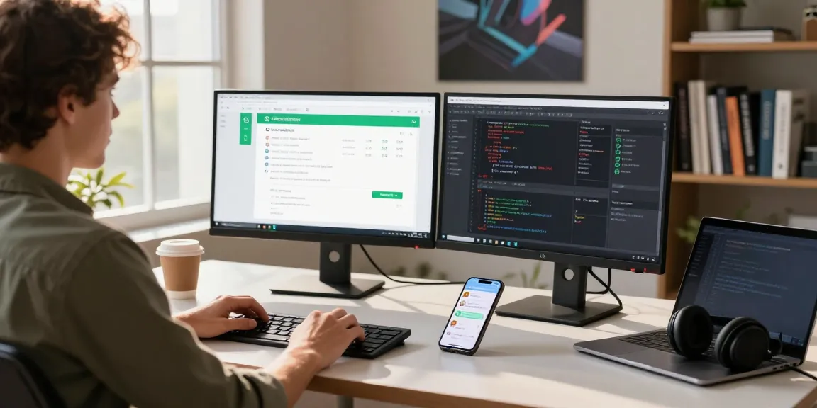Desktop workspace featuring WhatsApp電腦版 on monitors, reflecting modern communication.