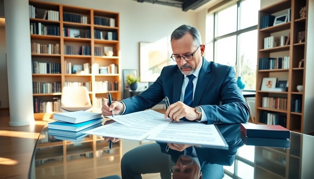 Intellectual property lawyer reviewing legal documents in a modern office.