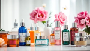 Kosmetika odos priežiūrai, kruopščiai išdėliota ant kosmetinio stalo.