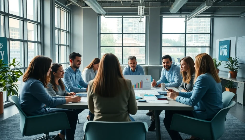 Inspiring visual of team brainstorming growth strategy trends in a modern office space.