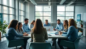 Inspiring visual of team brainstorming growth strategy trends in a modern office space.