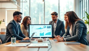 Engaging sales professionals collaborating to hire reps by industry in a modern office setting.