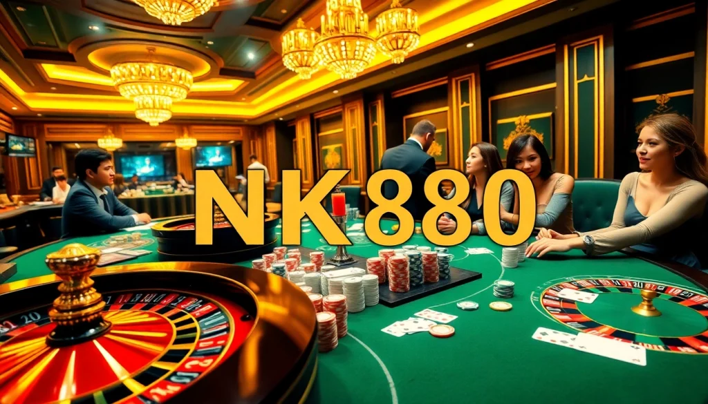 Exciting gaming atmosphere at NK888 casino featuring poker chips and roulette wheels.