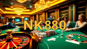 Exciting gaming atmosphere at NK888 casino featuring poker chips and roulette wheels.