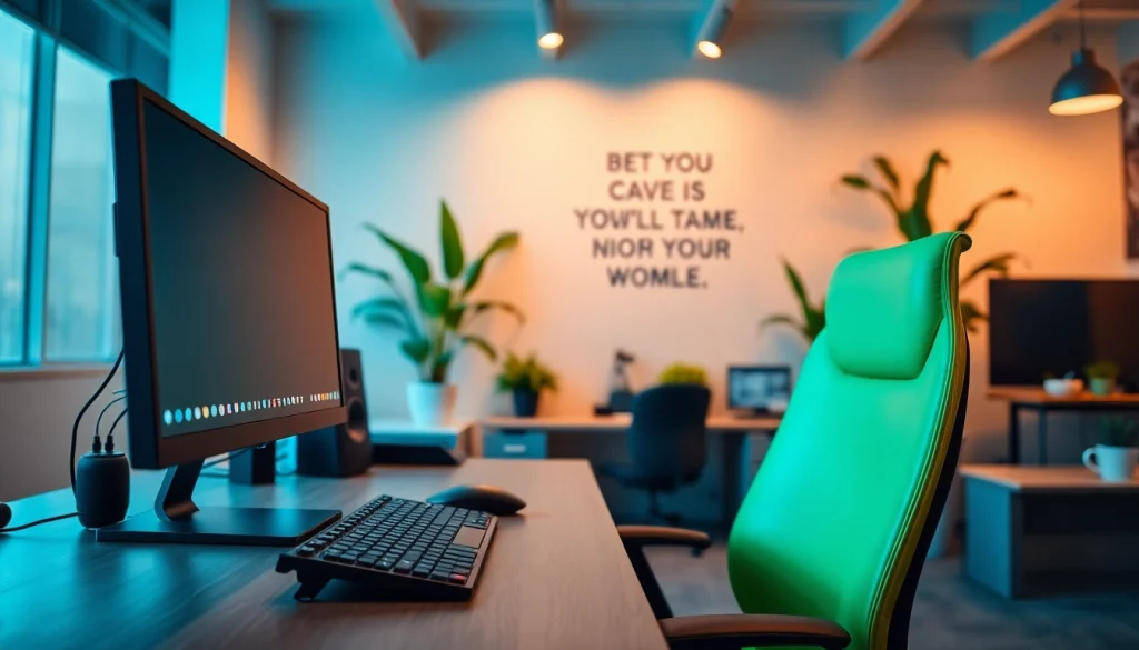 Typing center workspace with modern equipment and ambient lighting for an efficient environment.