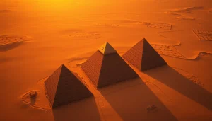 Pyraminds of Giza illuminated by dawn light, showcasing their historical significance and grandeur.