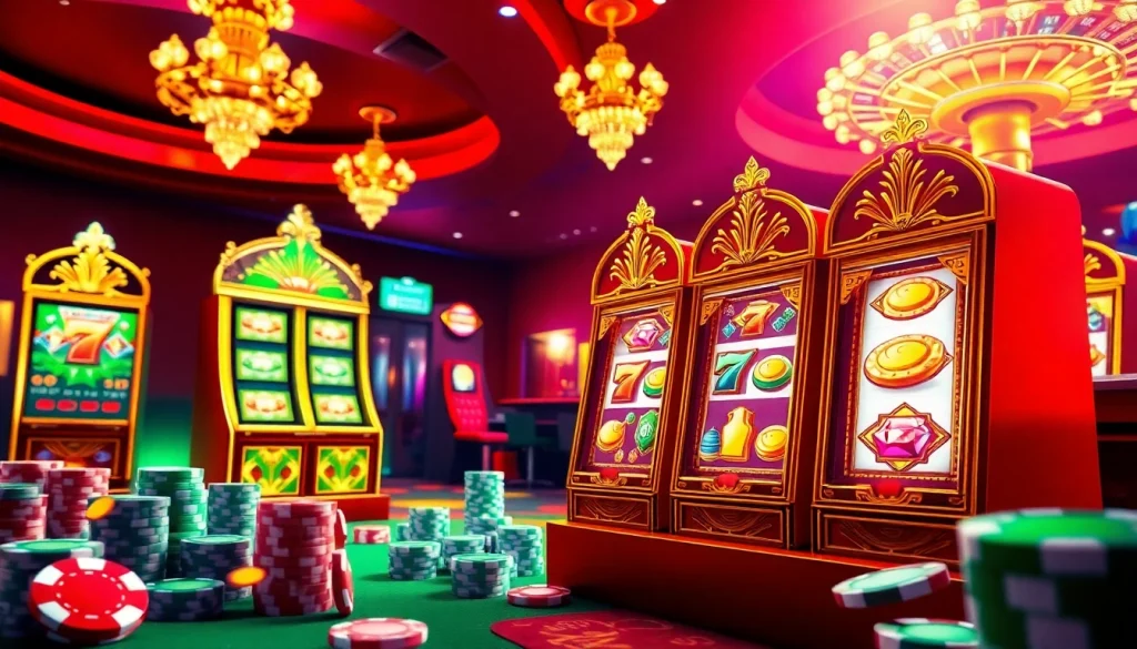 Experience the thrill of idnslot at a luxurious casino with vibrant slot machines and poker chips.