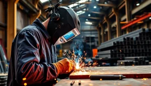 Welder performing structural steel welding in an industrial workshop, showcasing sparks and meticulous craftsmanship.
