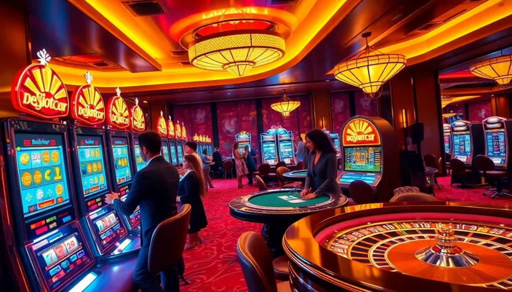 Para pemain yang bersemangat menikmati sensasi Slot Depo 5rb di kasino mewah dengan mesin slot yang berwarna-warni.