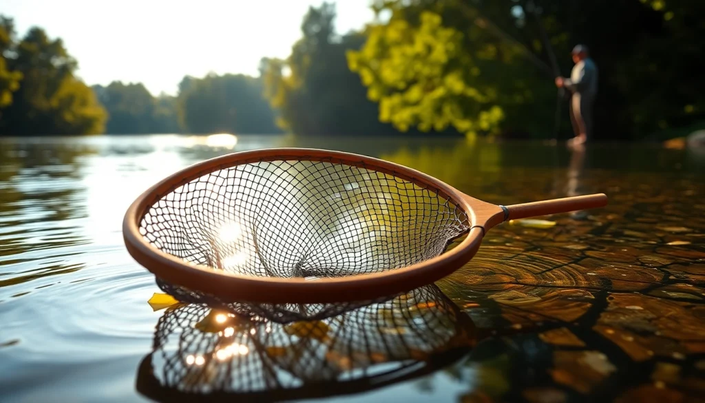 Fly fishing net displayed elegantly by the water's edge, emphasizing its craftsmanship.
